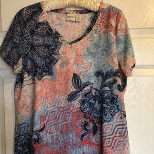Chicos Zenergy Women's Peach/Blue and Bling! Floral Top V Neck Size 2 (Large)